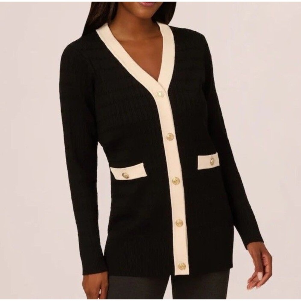 Adrianna Papell Black V-Neck Button Down Cardigan Sweater Gold Buttons $177